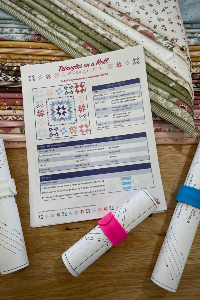 Triangles on a Roll quilt along materials including a materials list and multiple sizes of Triangles on a roll