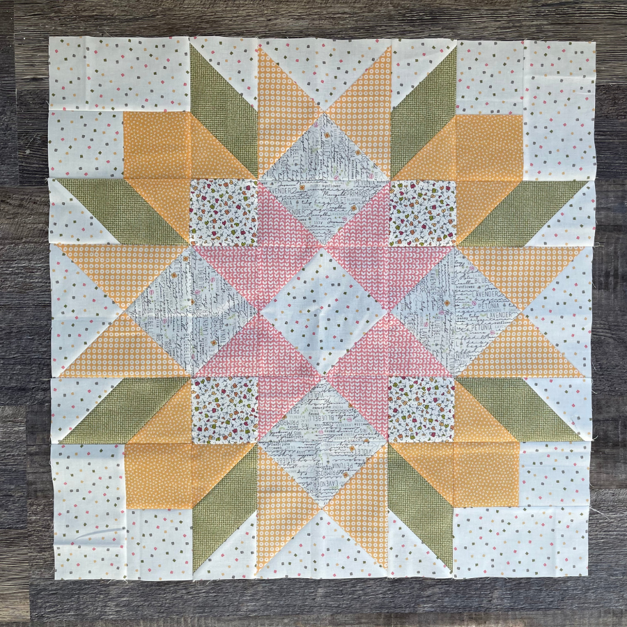 Barn Star quilt block made with Sweetwater fabrics