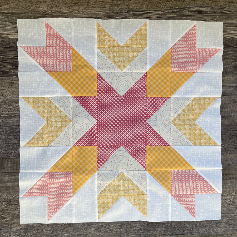 Barn Star quilt block made with Sweetwater fabrics