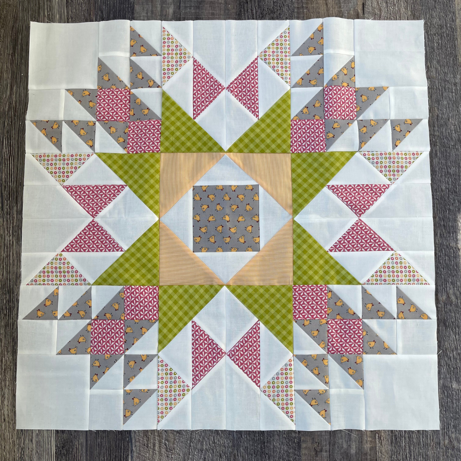 Barn Star quilt block made with Sweetwater fabrics