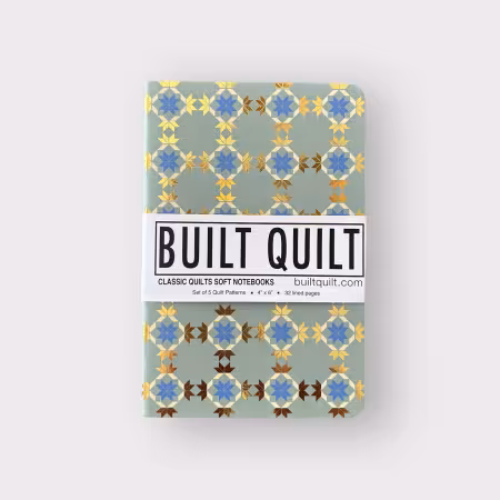 Set of five quilt-themed soft notebooks with gold accents, featuring classic quilt block designs in warm colors on 4x6-inch thread-bound covers.
