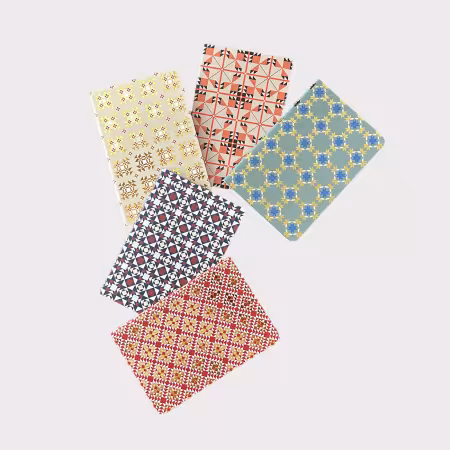 Classic Quilts Notebooks 5 pieces Set of five quilt-themed soft notebooks with gold accents, featuring classic quilt block designs in warm colors on 4x6-inch thread-bound covers.